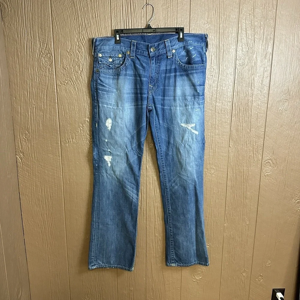 True Religion Jeans Men 38x34 Blue Denim Pants Flap Thrashed Distressed Straight